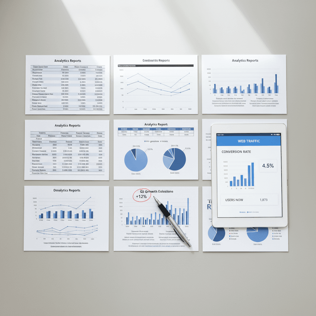 Analytics reports and metrics displayed on desk