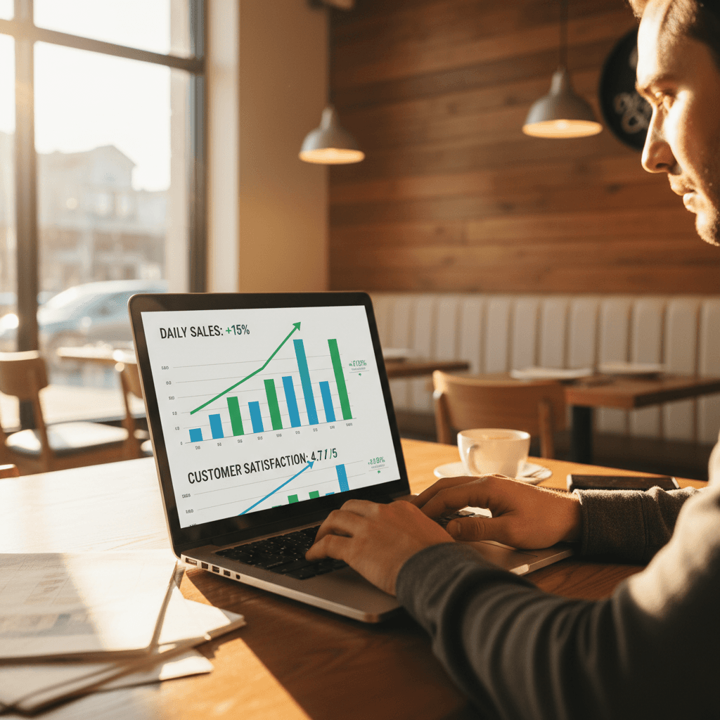 Restaurant owner reviewing SEO analytics and traffic data on laptop