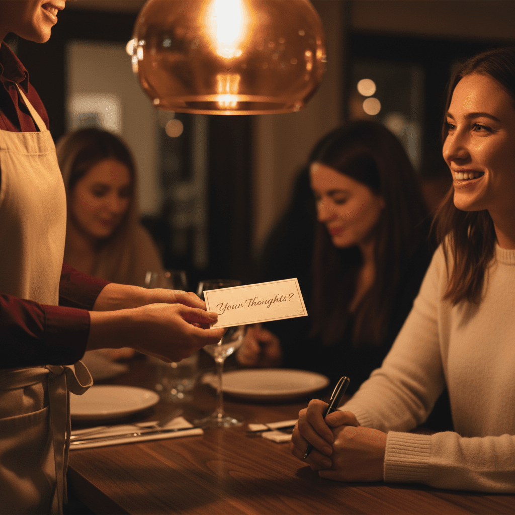 Server giving customer feedback card at restaurant table