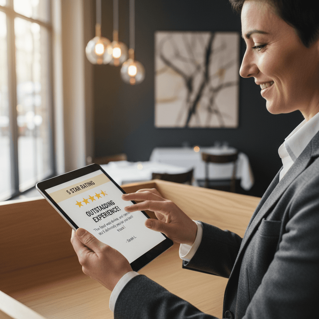 Manager reviewing positive restaurant customer feedback