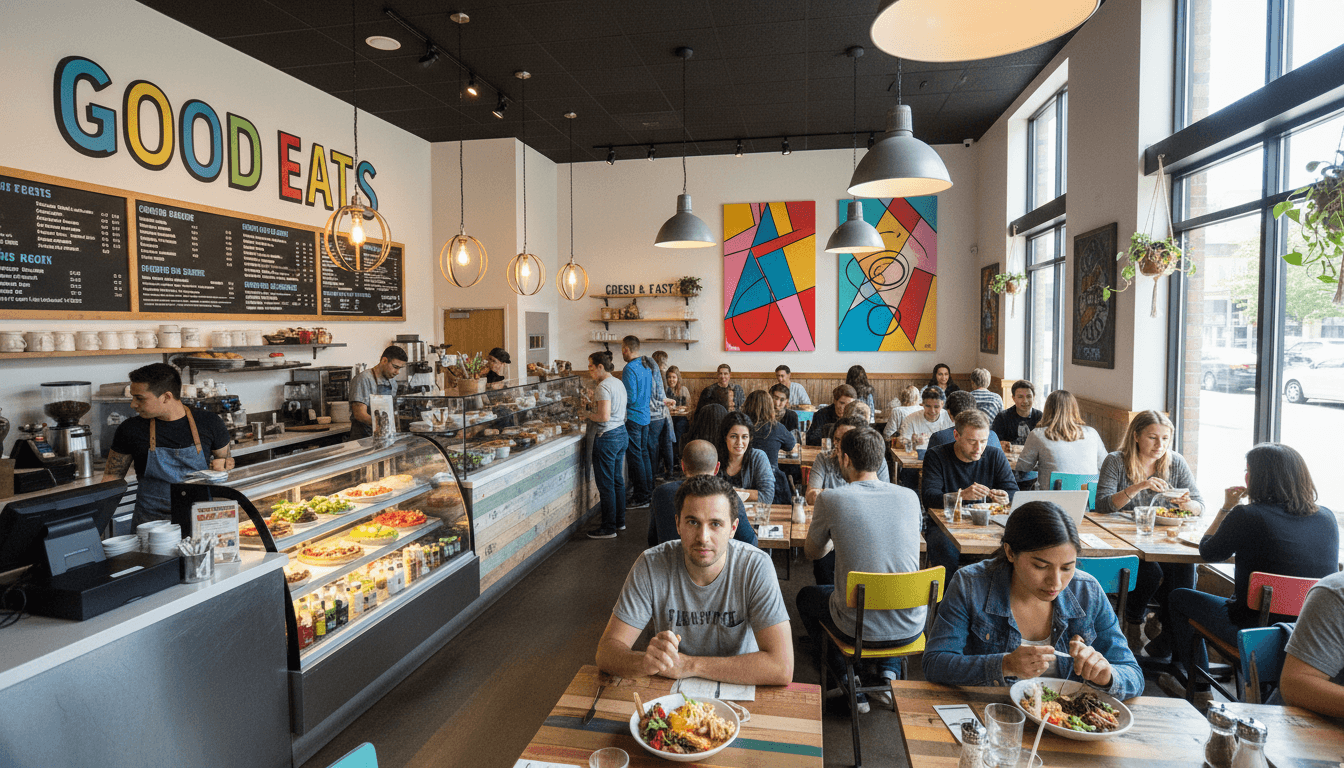 Busy restaurant dining room filled with satisfied customers