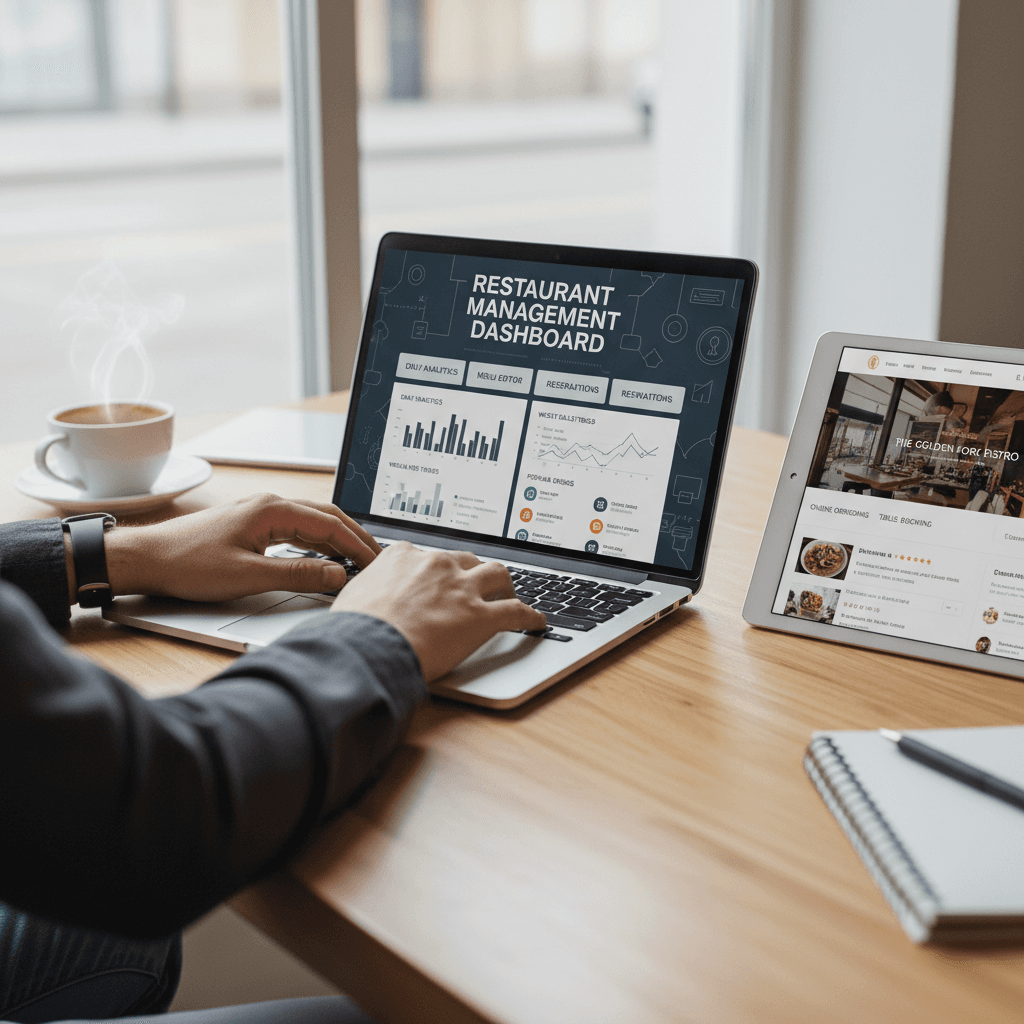 Restaurant owner reviewing digital marketing analytics