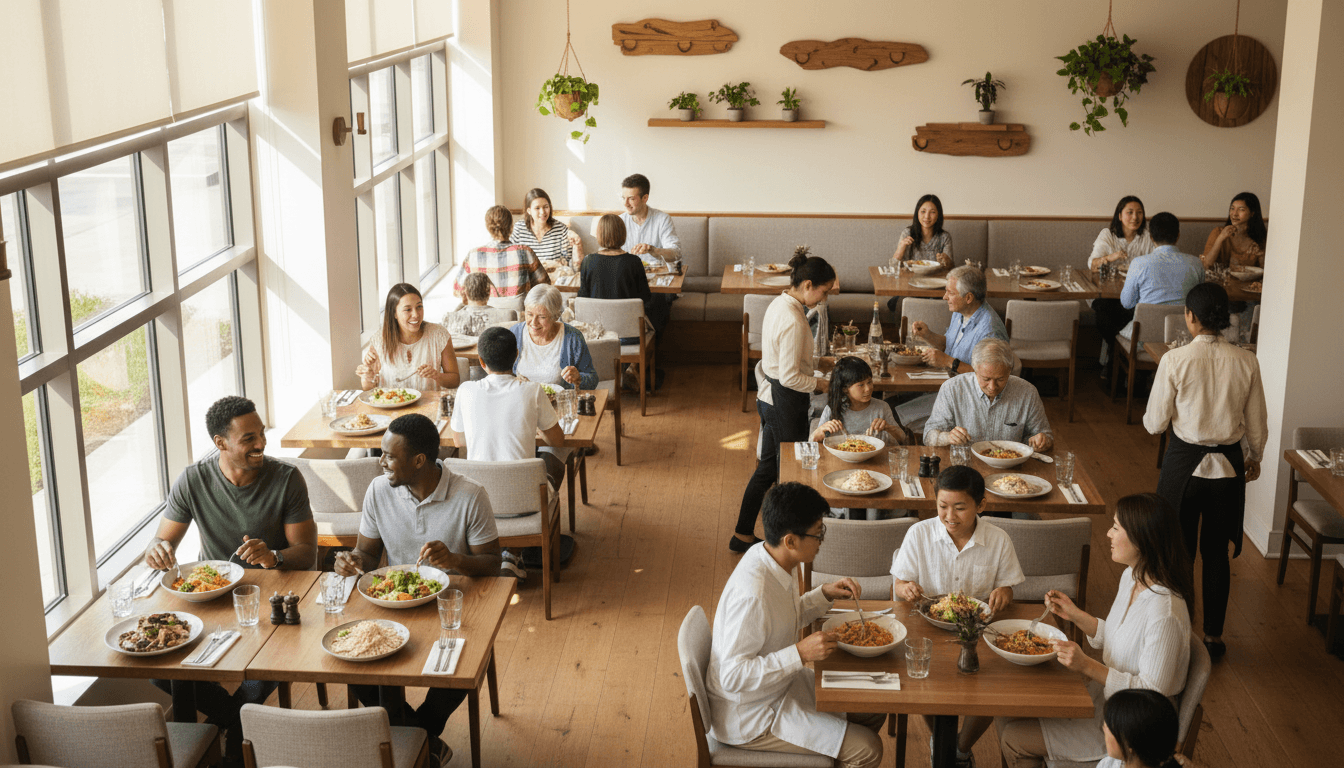 Busy restaurant full of customers during service